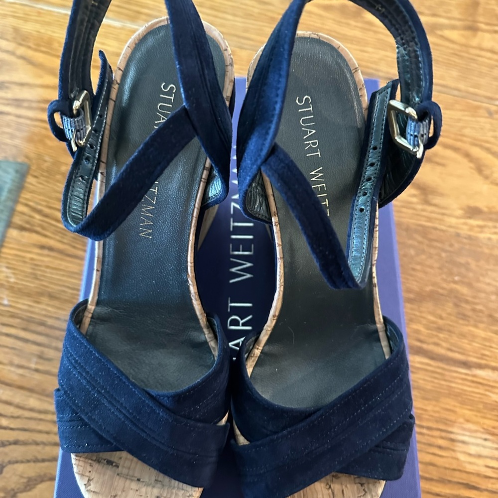 Stuart Weitzman Navy Fabric Cork Platform Wedge Sandals - Picture 4 of 10